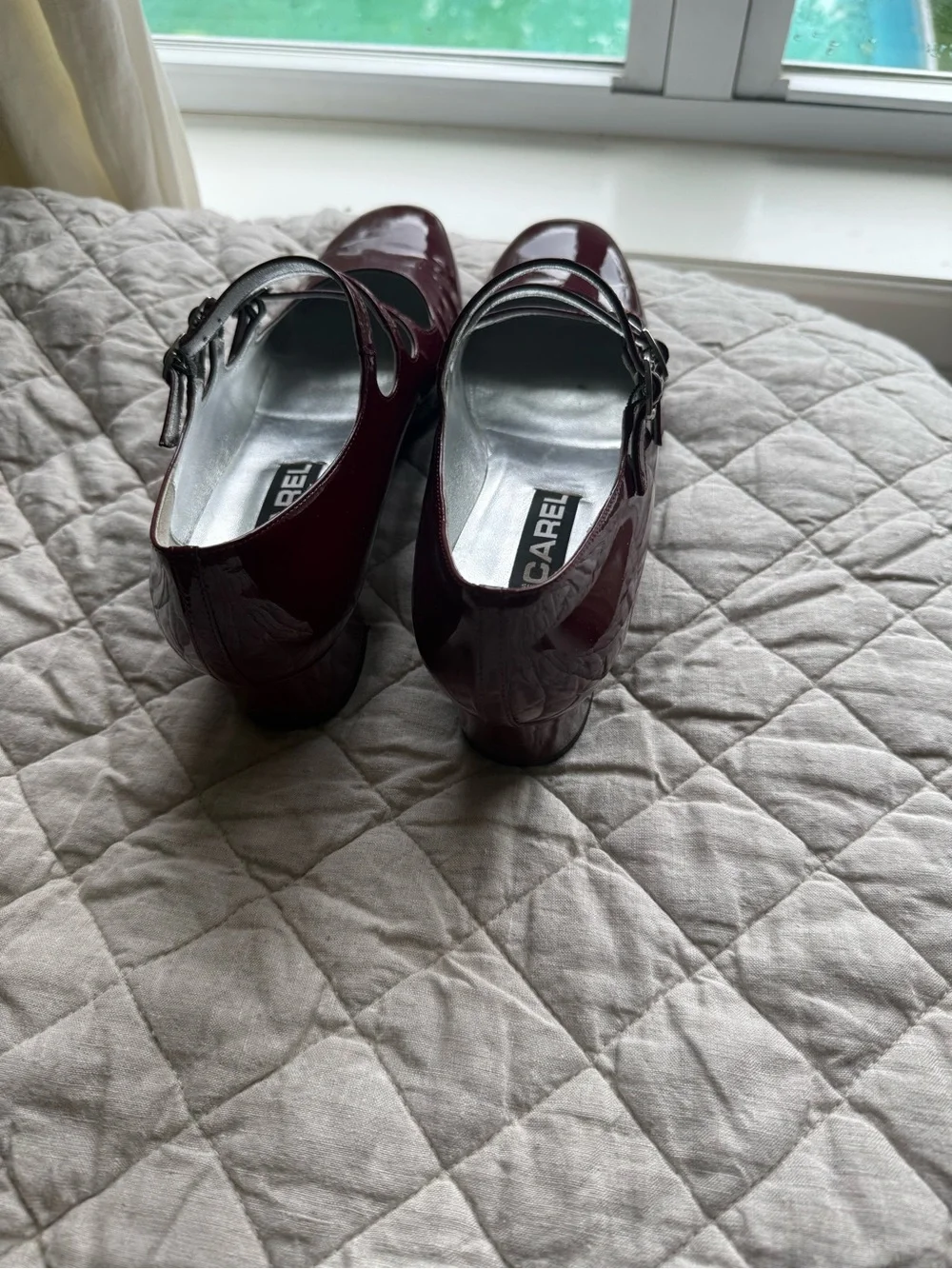 Patent Triple-Strap Mary Jane Heels in Burgundy